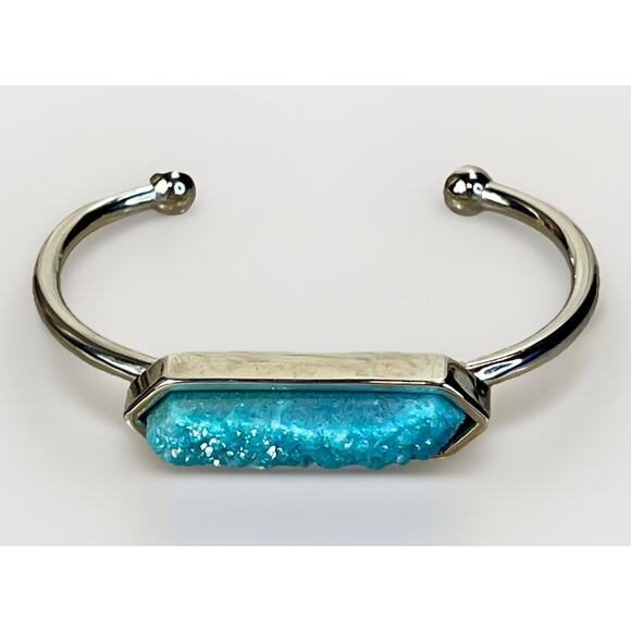 Kinsley Armelle Blue Azure Druzy Quartz Silver Tone Bangle Cuff Bracelet- Signed - Picture 2 of 12